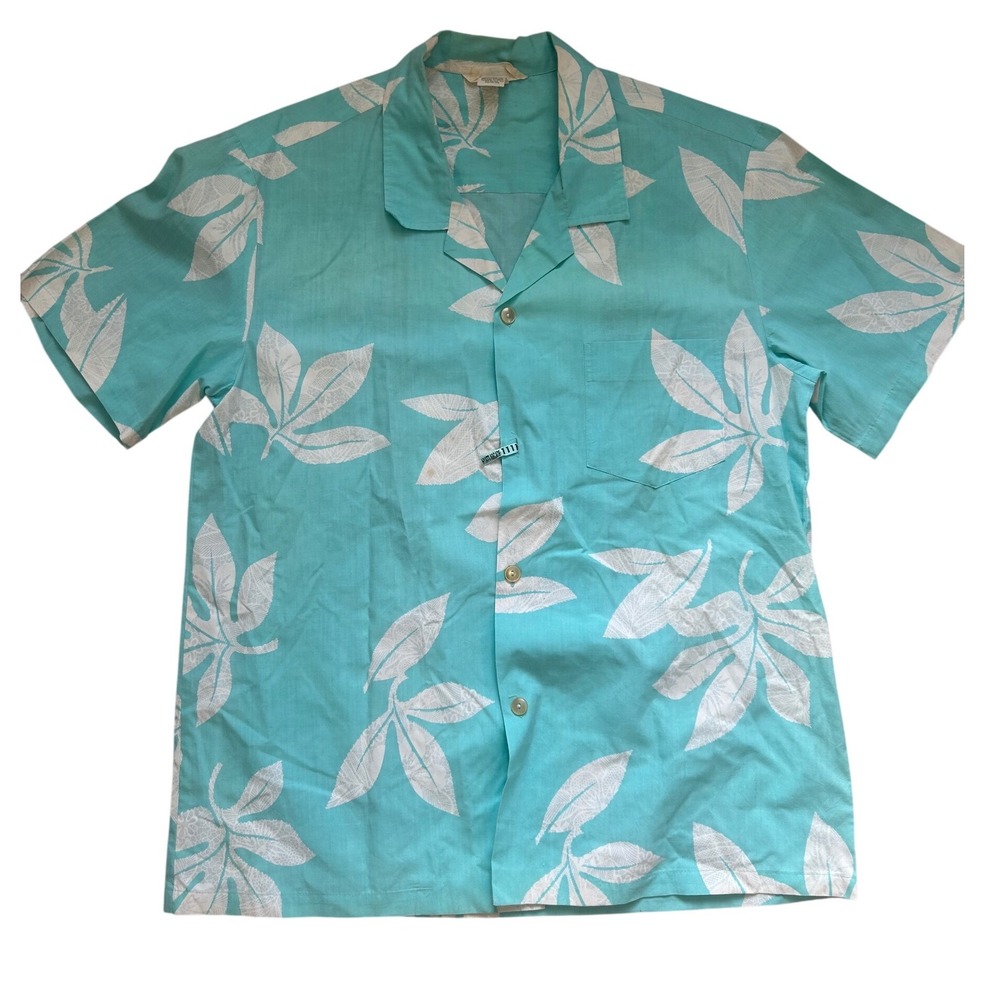 Hula Moon‎ Aloha Shirt Mens XL Teal Leaf Print Cotton Blend Short Sleeve